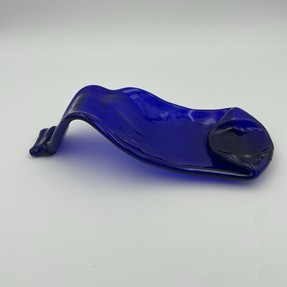 Glass Spoon Rest- Cobalt Blue Hand Melted Flat Bottle Spoon Rest 8" Trinket Tray - Picture 1 of 13